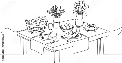 Elegant line drawing of a beautifully set Easter brunch table re