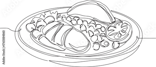 Continuous line drawing of a delectable food platter with meat a