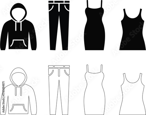 Clothing icon set featuring hoodie jeans dress and tank top