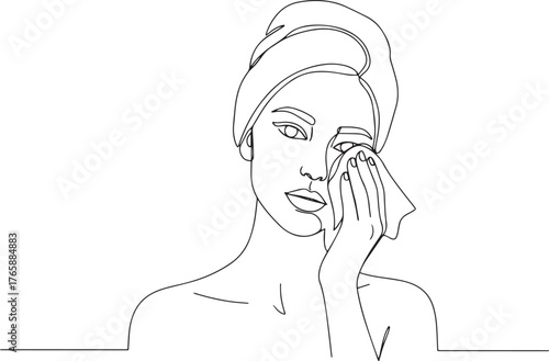 Minimalist Line Art: Woman Removing Makeup with a Wipe, Towel Wr