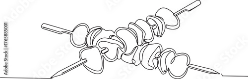 Minimalist line drawing of grilled skewers, a culinary illustrat