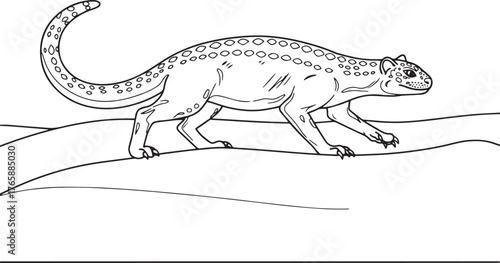 Line art illustration of a primitive mammal moving across undula