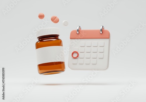 Pill bottle and calendar for medication reminder and health schedule.