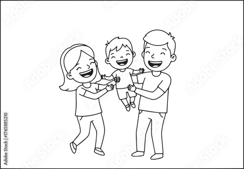 Cheerful family illustration featuring parents joyfully lifting