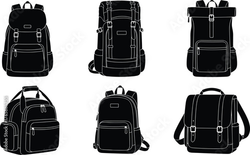 Backpack silhouettes, hiking pack, flap closure, satchel style, duffel hybrid, school bag, black icons, travel gear, fashion accessory
