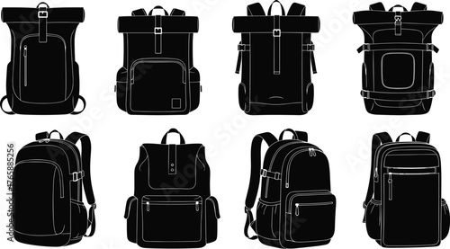 Backpack silhouettes, roll-top design, flap closures, zipper pockets, casual styles, black icons, travel gear, fashion accessory, utility layout
