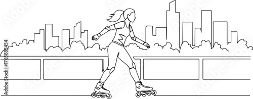 Elegant woman rollerblading illustration with city skyline in th