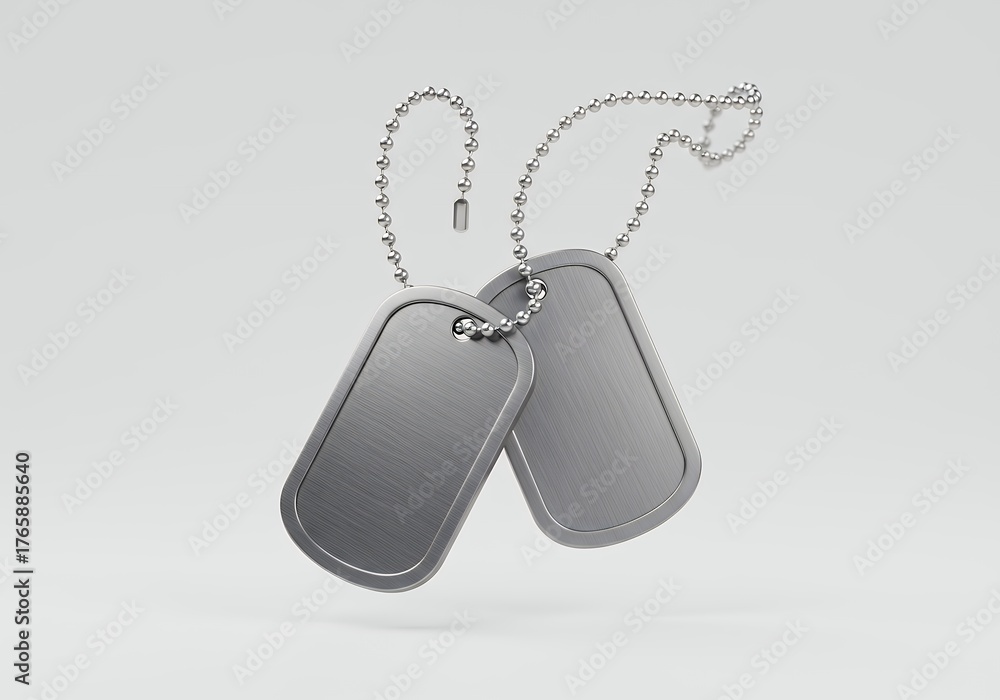 Fototapeta premium Shiny Metal Dog Tags on a Chain Against a Light Background.