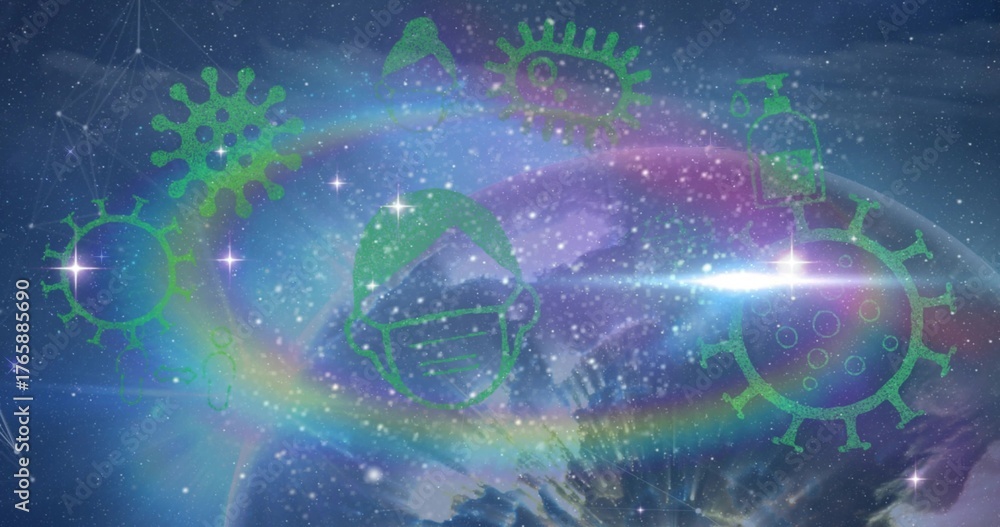 Fototapeta premium Floating green face wearing surgical mask in cosmic starfield, with ring, virus and sanitizer icons