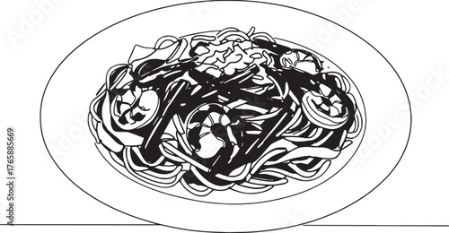 Vibrant illustration of malaysian char kway teow served on a whi