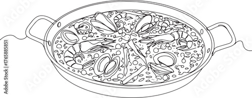Elegant line art illustration of traditional paella served in a