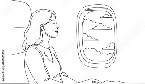 Minimalist one-line drawing depicting a woman seated by an airpl