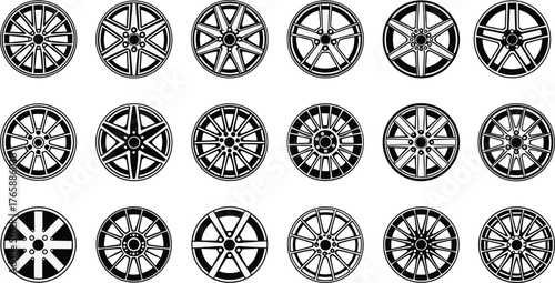 Car wheel rim silhouette vector, automotive alloy design, modern spoke pattern, vehicle accessory, tire part, transportation industry, stylish automotive illustration