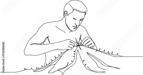 Monochrome outline drawing featuring a person mending textile da