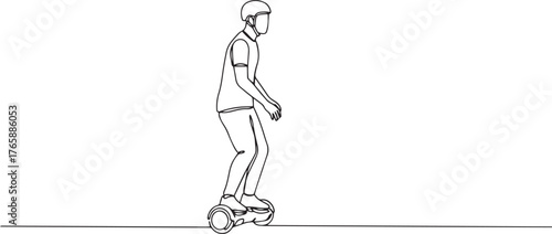 Single line drawing of a man riding self-balancing scooter on wh
