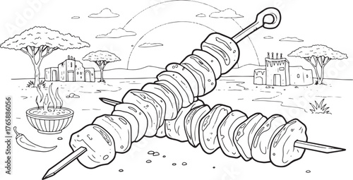 Hand-Drawn Kapana Skewers: Namibian Street Food Against a Desert