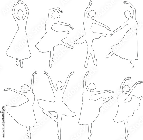 Elegant ballet dancers in various poses outline art illustration set