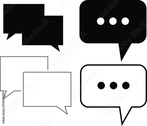 Set of four speech bubble icons in black and white representing communication conversation and messaging with and without ellipsis dots for different stages of dialogue