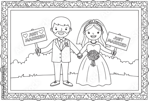 Charming wedding coloring page featuring a happy couple holding