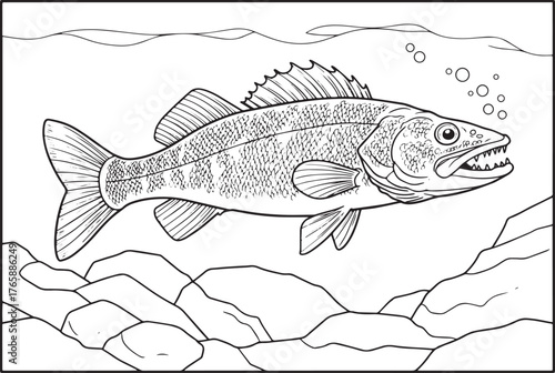 Detailed Walleye Illustration with Finely Rendered Scales in Und