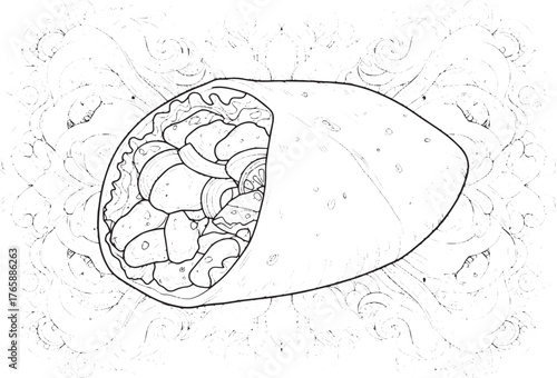 Detailed chicken shawarma wrap illustration with ornate backgrou