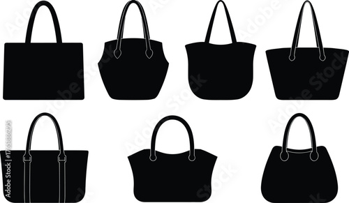 Handbag silhouettes, fashion accessories, structured bags, handle styles, black icons, purse shapes, retail catalog, elegant design, style reference