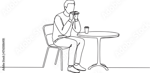 Minimalist line art illustration of a man having a snack and cof