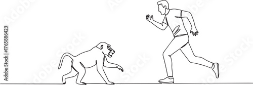 Single line art depicting a man fleeing in terror from an aggres