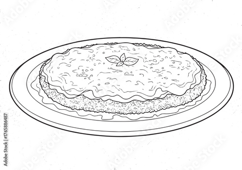 Line Art Illustration: Classic Chicken Parmigiana on a Decorativ