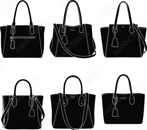 Handbag silhouettes, fashion accessories, strap styles, zipper details, black icons, purse shapes, retail catalog, design reference, shoulder bags