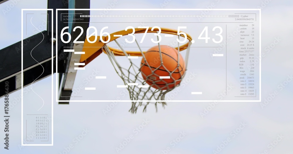 Fototapeta premium Orange basketball passing through hoop net in outdoor court, showing translucent overlay panels