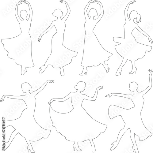 Elegant ballroom dancers line art silhouettes graceful movements and poses