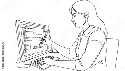 Line art illustration depicting a woman engaged in software prog