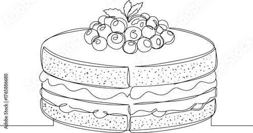 Elegant victoria sponge cake line drawing with berry garnish ill