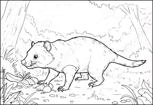 Detailed Line Art Depicting a Tasmanian Devil in a Forest Settin