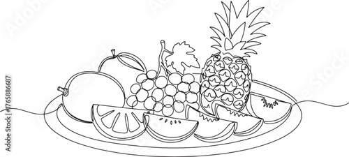 Single line drawing illustration of assorted fruits on a platter