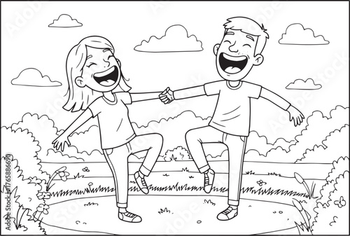 Cartoon couple rejoicing in a whimsical dance amidst nature's em