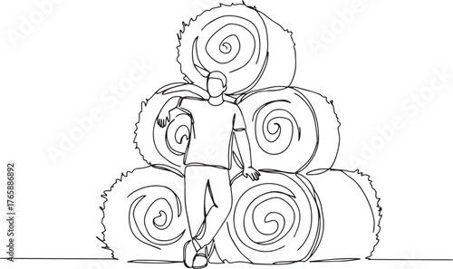 Single continuous line drawing of a man resting against hay bale