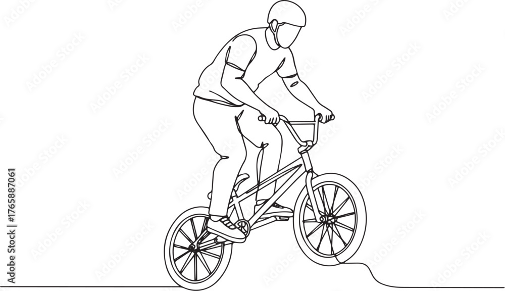 Fototapeta premium Single continuous line drawing of a man riding a bmx bicycle iso