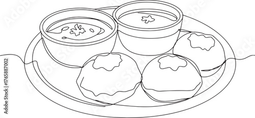 Minimalist food illustration of soup and bread on a round plate