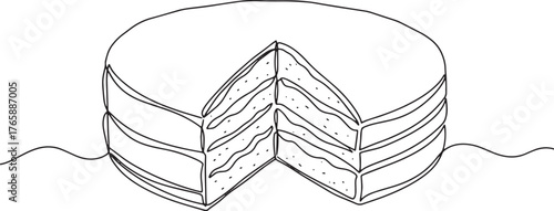 Monochrome layer cake with missing slice outlined against blank