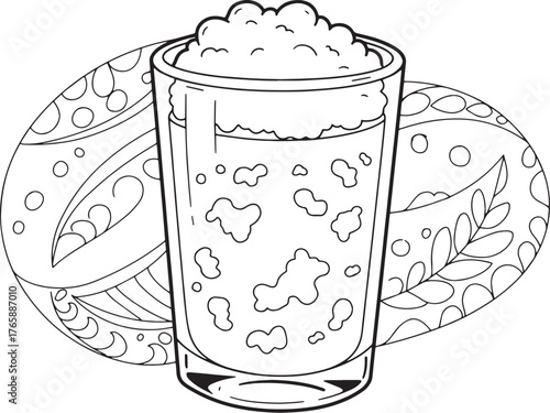 Hand drawn kefir glass with decorative elements, probiotic drink