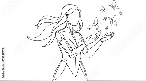 Elegant line art depicting woman with butterflies evoking transf