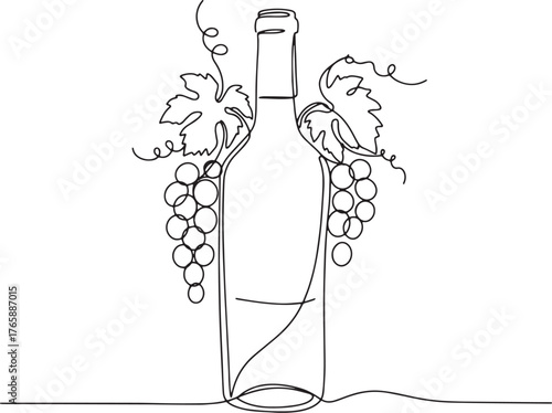 Elegant wine bottle with grape clusters continuous line drawing