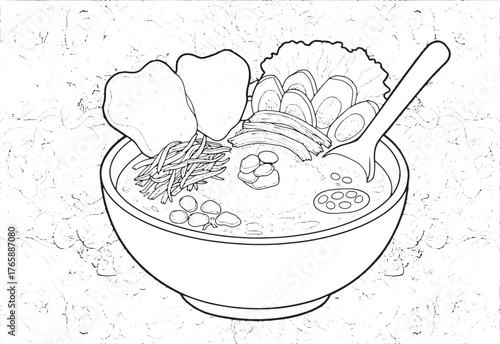 Detailed line art illustration of a bowl of Soto Ayam with intri