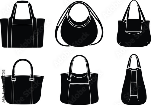 Handbag silhouettes, tote, shoulder bag, flap pocket, seam details, fashion accessories, black icons, structured styles, retail catalog, purse design
