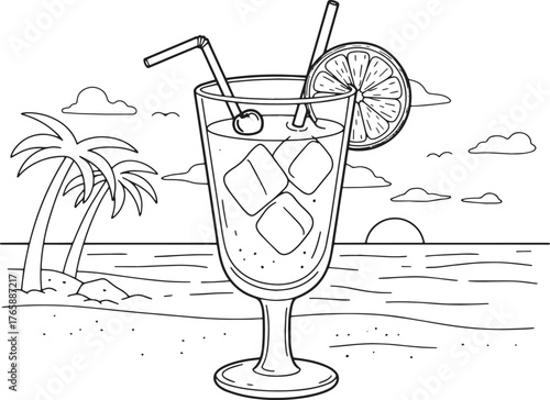 Tropical escape illustration: Refreshing drink with a view of pa