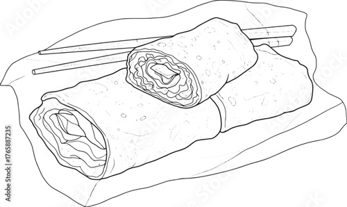 Detailed line art depiction of crispy chinese egg rolls with cho