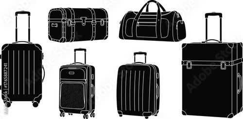 Luggage silhouettes, travel bags, hard-shell suitcase, duffel bag, garment carrier, telescopic handle, black icons, travel gear, accessory design