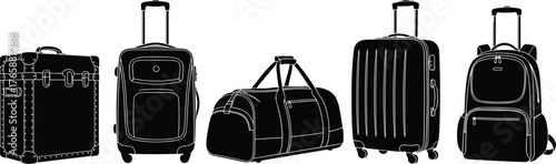 Luggage silhouettes, travel bags, rolling suitcase, duffel bag, vintage trunk, backpack, black icons, gear design, accessory layout